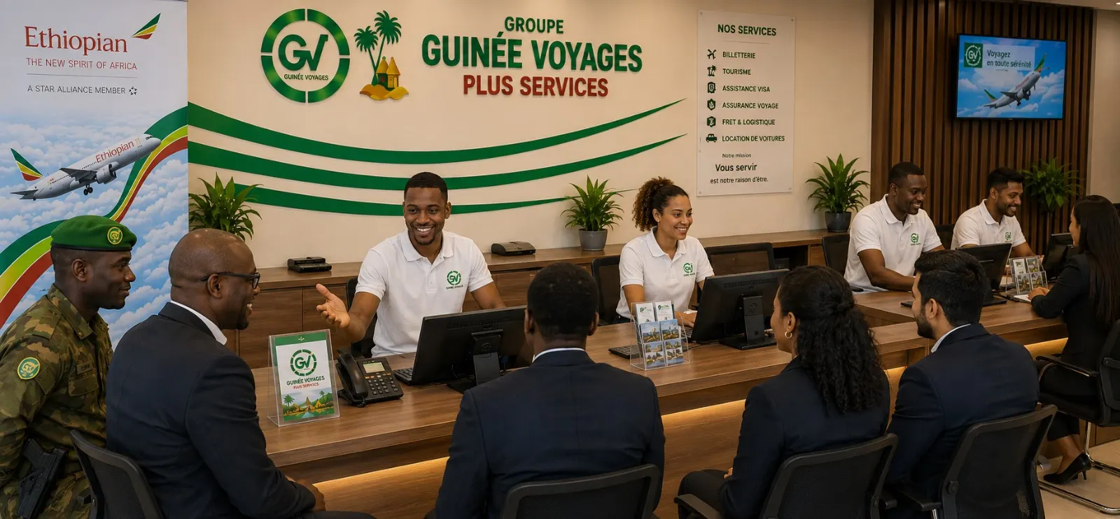 Équipe Guinée Voyages accueillant un groupe de voyageurs