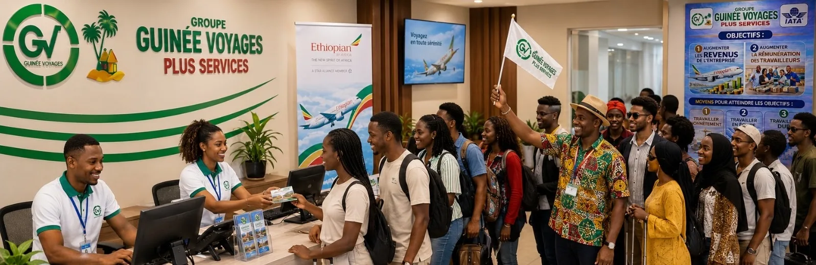 Équipe Guinée Voyages accueillant un groupe de voyageurs