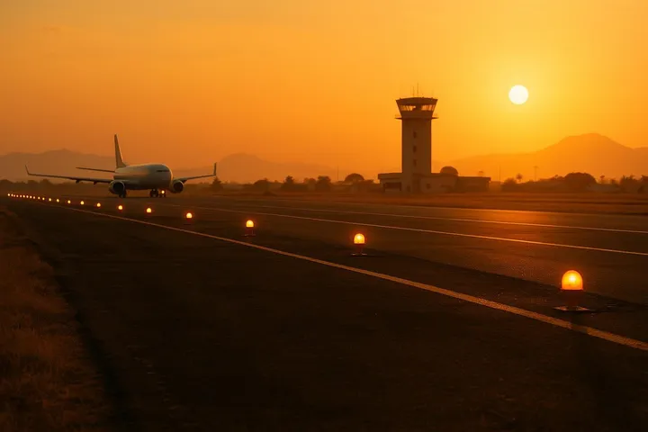 Piste d'aéroport africain au coucher du soleil avec tour de contrôle en arrière-plan, lumières de balisage orangées