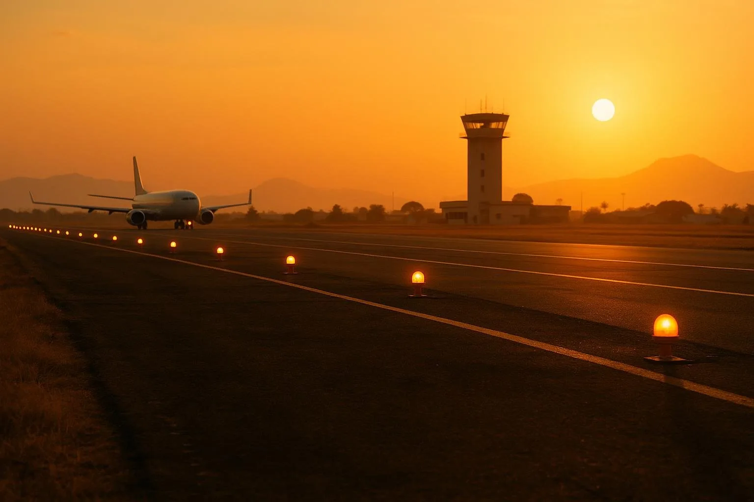 Piste d'aéroport africain au coucher du soleil avec tour de contrôle en arrière-plan, lumières de balisage orangées