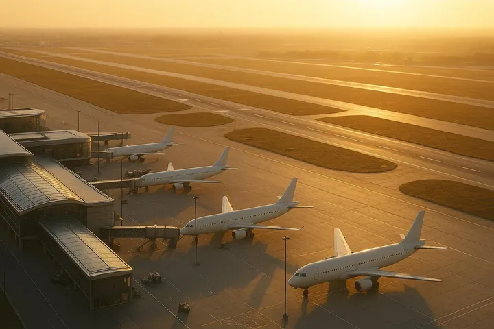 Vue aérienne d'un aéroport international au lever du soleil, avec des avions stationnés aux terminaux modernes