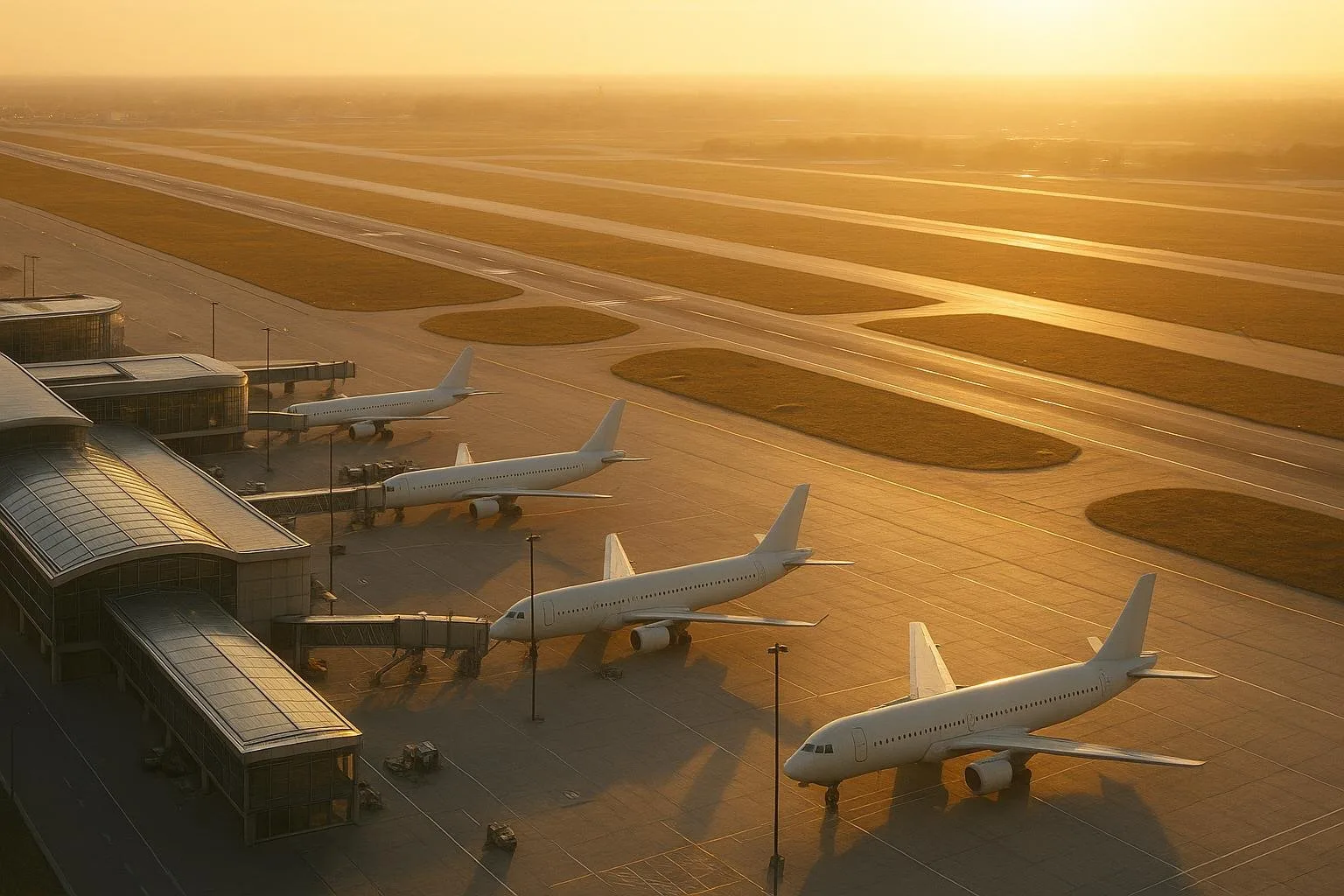 Vue aérienne d'un aéroport international au lever du soleil, avec des avions stationnés aux terminaux modernes