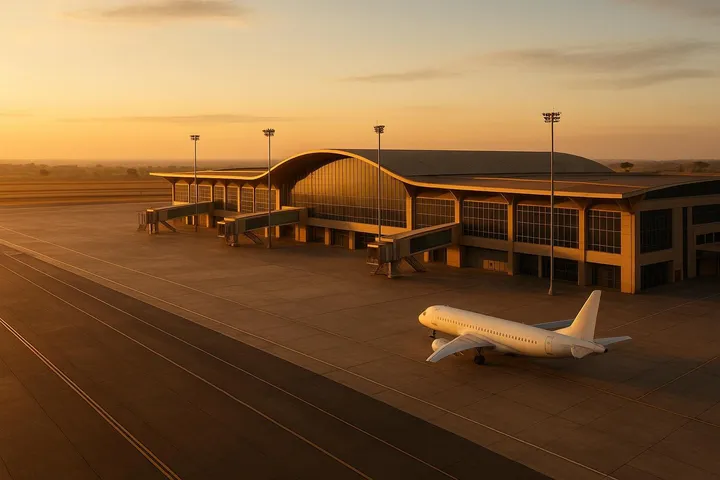 Terminal aéroportuaire africain au lever du soleil, tarmac vide baigné d'une lumière dorée rasante