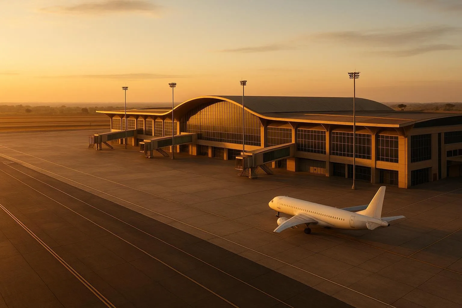 Terminal aéroportuaire africain au lever du soleil, tarmac vide baigné d'une lumière dorée rasante