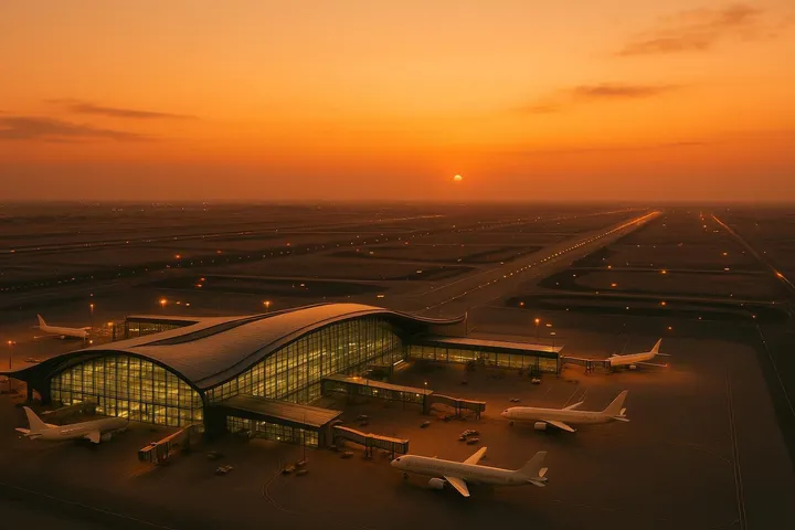 Vue aérienne d'un aéroport international au crépuscule, pistes et terminal baignés d'une lumière orangée