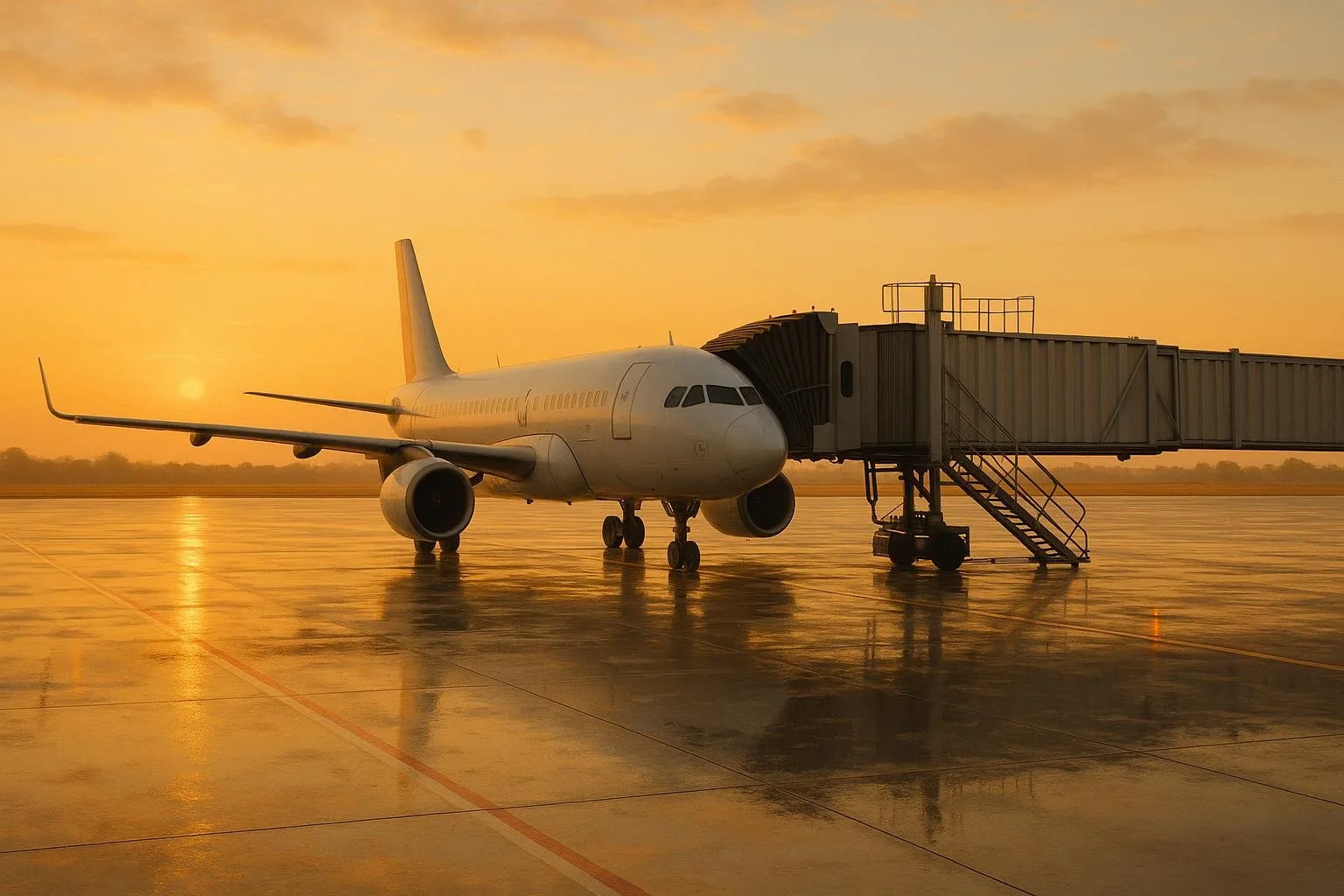 Tarmac d'un aéroport ouest-africain au lever du soleil, passerelle d'embarquement et balises lumineuses au sol